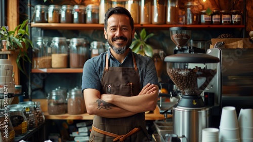 A small business owner expertly operates his coffee shop