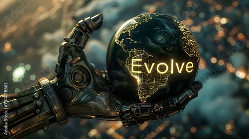 Robot hand holding a world globe with the word evolve
