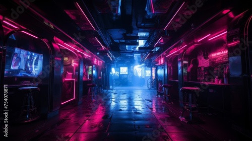 Vibrant neon lights illuminate an underground cyberpunk club.