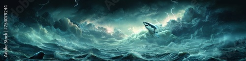 Majestic Shark Emerging from Stormy Ocean Waves in a Surreal Fantasy Scene