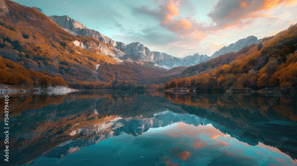 The quiet beauty of an autumn sunrise over a turquoise mountain lake, with the surrounding peaks and forests ablaze in autumnal glory, the calm waters perfectly mirroring the spectacle above. 8k - obrazy, fototapety, plakaty 