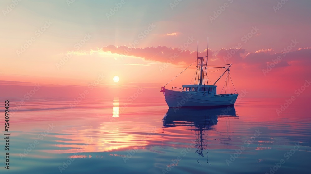 The profile of a fishing boat drifting on a glassy sea, under a sky transitioning from day to night, with the last rays of the sun highlighting the boat's outline against the colorful backdrop. 8k