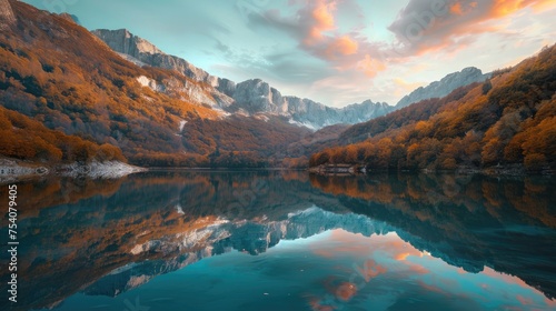The quiet beauty of an autumn sunrise over a turquoise mountain lake, with the surrounding peaks and forests ablaze in autumnal glory, the calm waters perfectly mirroring the spectacle above. 8k