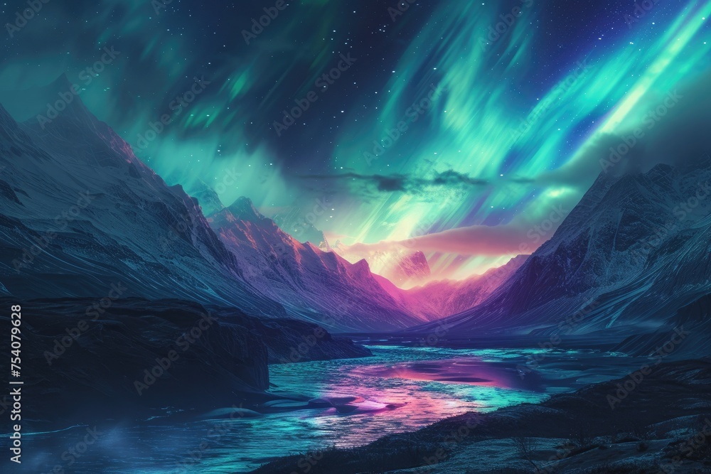 The Northern Lights shimmering in a spectrum of colors, casting an ethereal glow on a secluded mountain valley. 