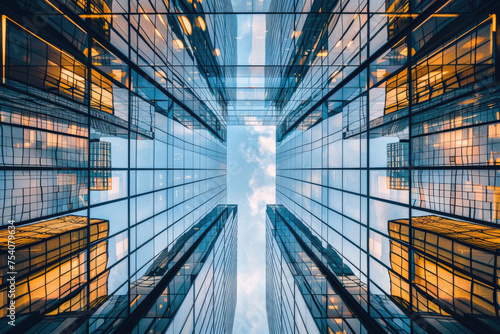 A symmetrical reflection of an urban skyline in the sleek exterior of a modern building