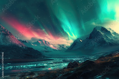 The Northern Lights shimmering in a spectrum of colors, casting an ethereal glow on a secluded mountain valley. 8k
