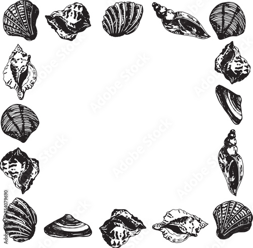 Square frame with shells graphics line art. Marine frame with shells and clams, isolated on a white background. Vector graphics.