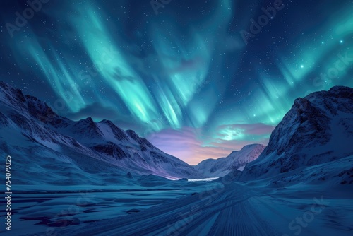 The Northern Lights creating a mesmerizing spectacle over a snowy mountain pass, a hidden gem of the winter night. 8k