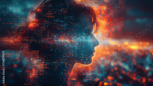 Silhouette of man head with cloud computer icon in hud with computer icons around it over blurred blue red background.double exposure High detailed and high resolution smooth and high quality