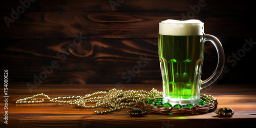 A merry st patricks day beer at a wooden table foamy irish green beer, digital art illustration.AI Generative photo