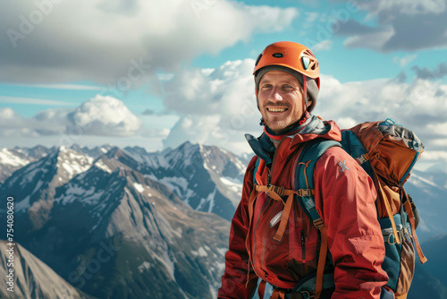 adult male climber with backpack and helmet standing on high mountains