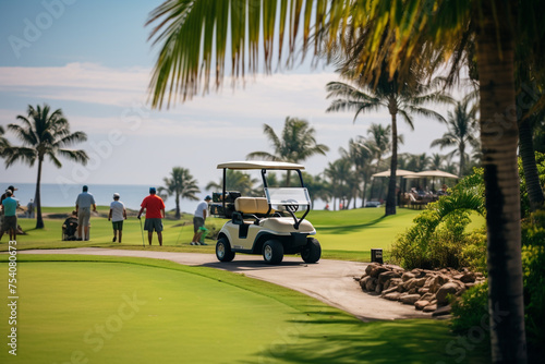 A day at a resort golf course, nice weather, beautiful course layout, Golf cart in front, golfers walking to the green, blurred human motion