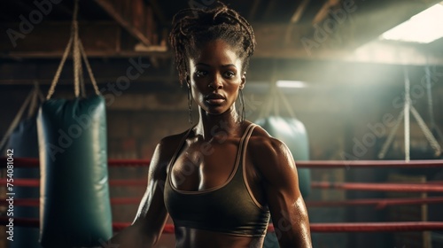 A young strong black female boxer Trains with a punching bag in the gym. Sports, Training, Healthy lifestyle, Competitions, Championships, Strength and Energy concepts.