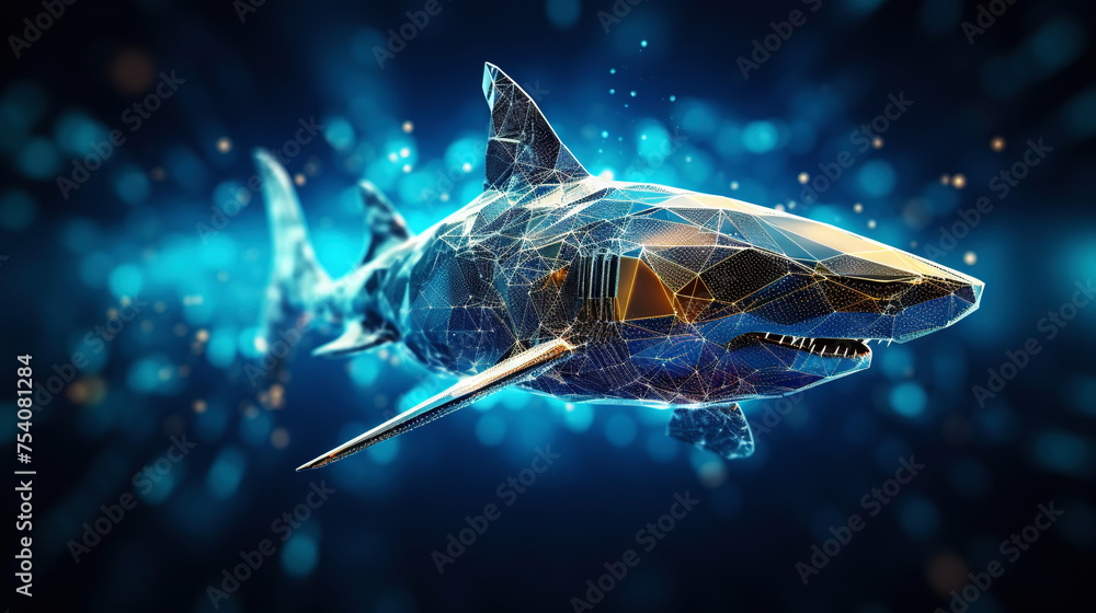 Fototapeta premium Big data visualization where a digital shark swims in the data stream. Futuristic background. Generative AI