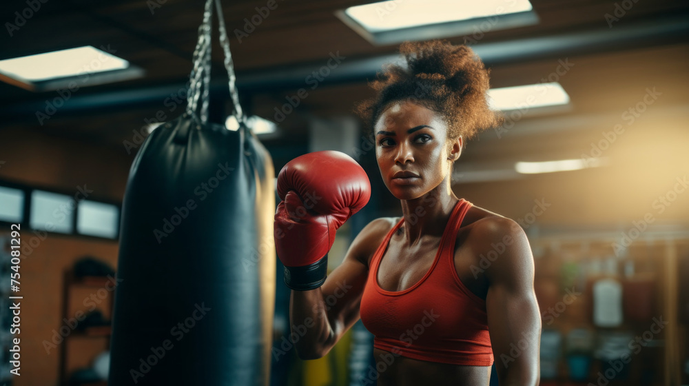 A young strong African American Female boxer in gloves Trains with a punching bag in the gym. Sports, Training, Healthy lifestyle, Competitions, Championships, Strength and Energy concepts.