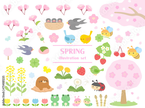 春のイラストセット、春の花や動物、食べ物のベクターイラストのセット