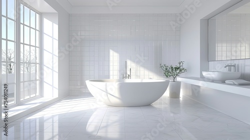Bright minimalist bathroom with a freestanding bathtub and large windows.