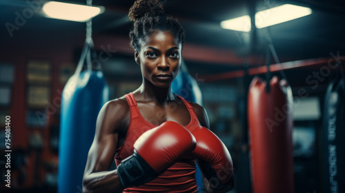 A young strong African American Female boxer in gloves Trains with a punching bag in the gym. Sports, Training, Healthy lifestyle, Competitions, Championships, Strength and Energy concepts.