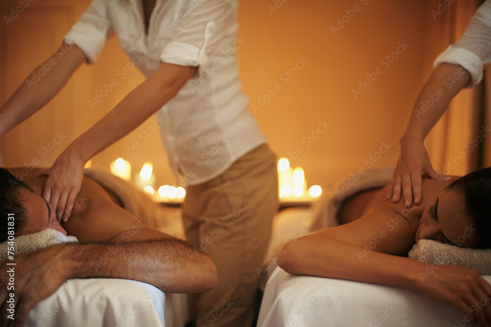 Couple, massage and self care at spa with masseuse, wellness and zen for bodycare at luxury resort. Physical therapy, detox and holistic healing with people for stress relief, peace and service