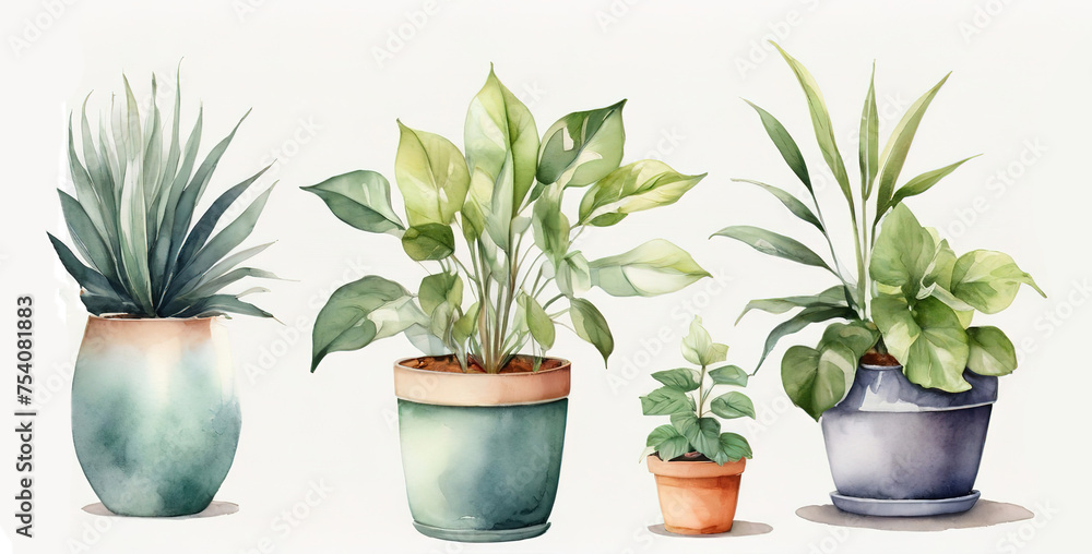 Fototapeta premium Illustration of indoor plants in pots. Hand drawn watercolor.