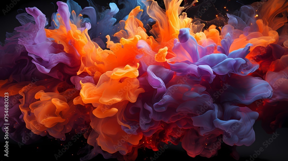 A clash of amethyst and fiery orange liquids colliding with dynamic force, resulting in a breathtaking abstract scene