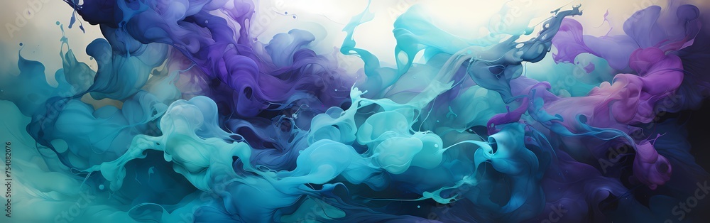 A cascade of emerald green and deep violet liquids clash with explosive energy, resulting in a visually stunning abstract display that captivates the viewer