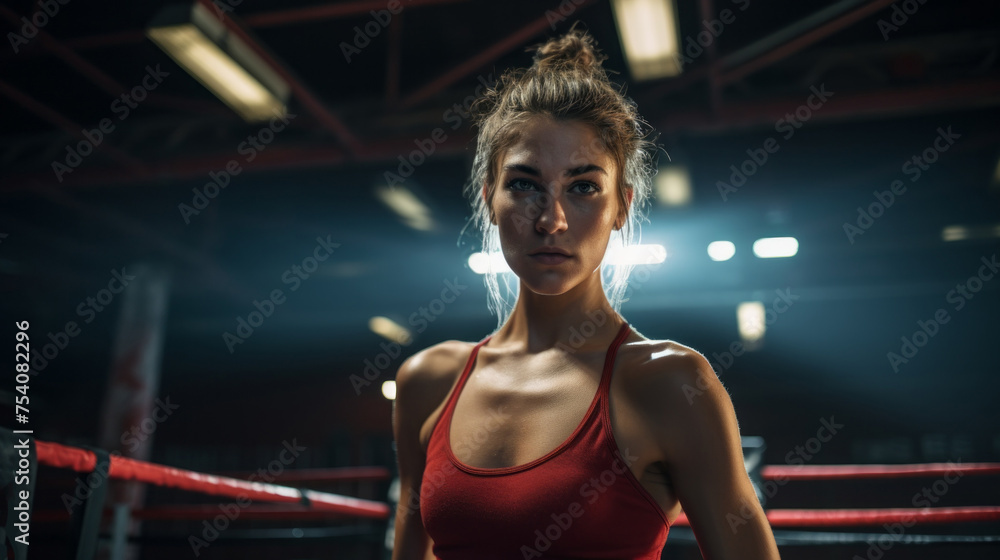 Fototapeta premium A young strong female boxer looks at the camera in the ring. Sports, Training, Healthy lifestyle, Competitions, Championships, Strength and Energy concepts.
