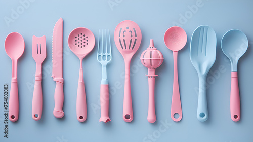 Pastel color kitchen utensils top view. Cooking blog. generative ai