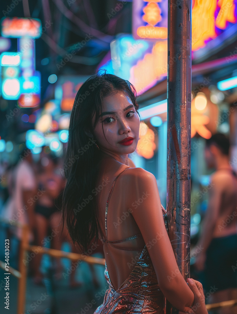 Beautiful sexy asian girl woman tanned skin looking at the camera standing next to a metal pole at night in a busy street nightlife party Beautiful sexy asian girl woman tanned skin looking at the camera standing next to a metal pole at night in a busy street nightlife party