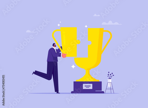 Business growth and success concept, businessman connecting jigsaw puzzle to trophy, building trophy puzzle