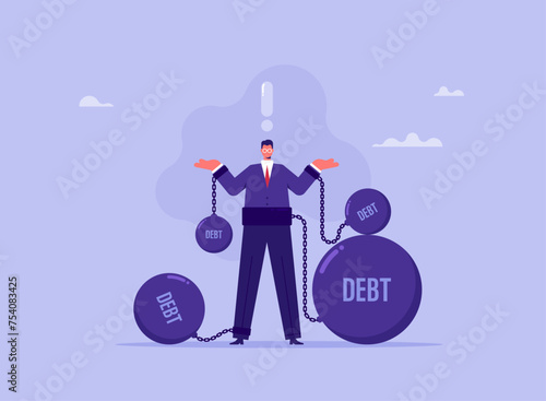 Concept of business fund management trap or finance problem, businessman chained with many debt ball