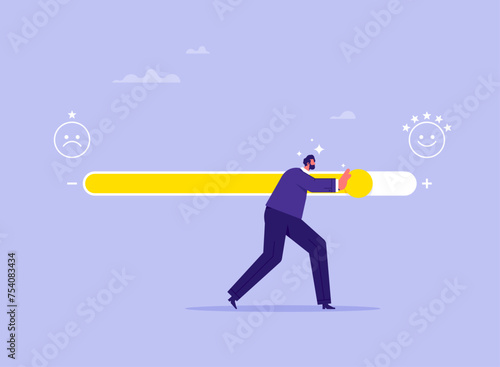 Customer satisfaction or feedback concept, customer touching loading bar for rating feedback scale, loading giving smile emoticon, service rating, feedback