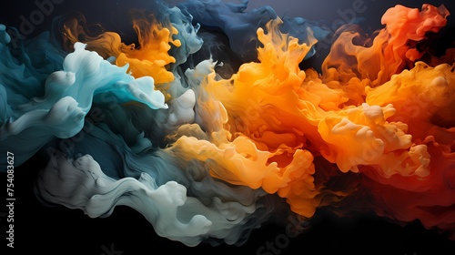 Torrent of midnight blue and fiery orange liquids colliding with immense force, forming an abstract display of vivid energy © Hamza