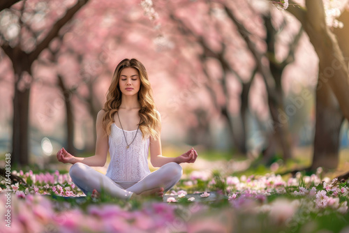 beautiful young woman meditating in yoga pose under the blossoming sakura cherry trees
