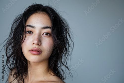Beauty portrait of a natural young Japanese woman with a soft grey copy space background