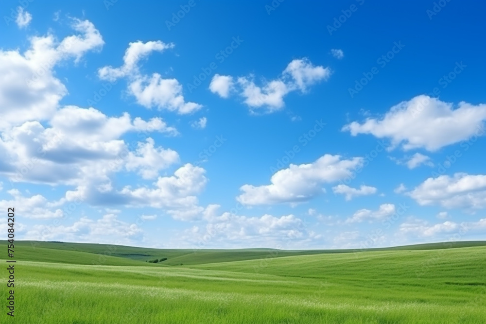 Beautiful grassy fields and summer blue sky with fluffy white clouds in the wind. Wide format