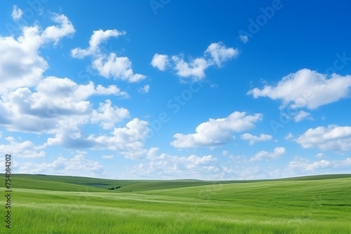Beautiful grassy fields and summer blue sky with fluffy white clouds in the wind. Wide format