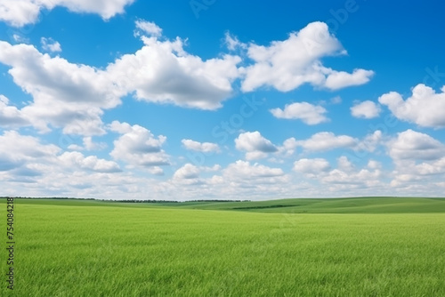 Beautiful grassy fields and summer blue sky with fluffy white clouds in the wind. Wide format