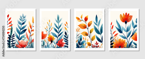 set of abstract vector backgrounds featuring tropical leaves. Hand-drawn textures suitable for wall decoration, postcard designs, or brochure covers.