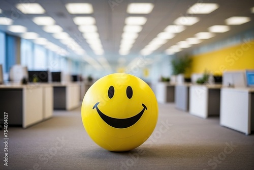 yellow ball with a smiley face sitting on an office ground, happy smiley, smiling face, smiling expression, smiley, smiley face. 