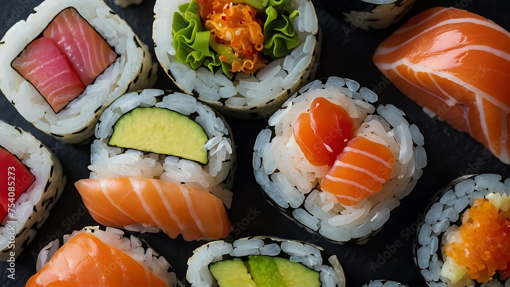 Sushi Rolls and Sashimi on a Plate with Fresh Fish and Rice, Japanese Gourmet Meal with Healthy Seafood Options Sushi Rolls and Sashimi on a Plate with Fresh Fish and Rice, Japanese Gourmet Meal with Healthy Seafood Options