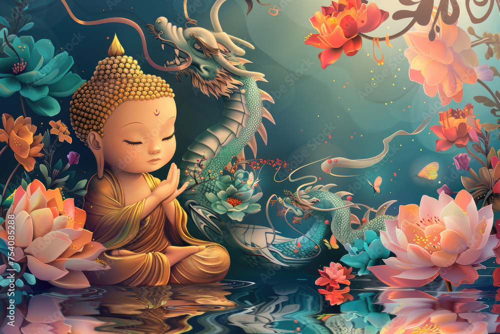cute cartoon golden buddha with many colorful flowers, and a dragon, water reflection