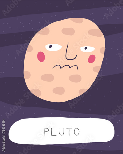 Learn space flashcard. Learning English words for kids. Cute hand drawn doodle educational card with pluto planet character. Preschool cosmos, universe learning material