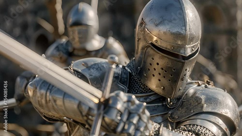 A young Teutonic Knight in training perfects his swordsmanship under the watchful eye of his mentor.
