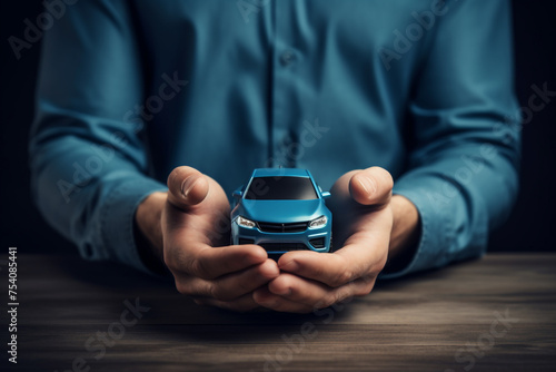 Car insurance. Male hands holdind blue car as protection concept