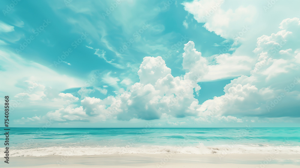 Beautiful tropical beach with blue sky and abstract texture background of white clouds. Summer vacation and vacation business travel concept. Copy space - obrazy, fototapety, plakaty 