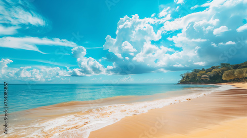 Beautiful tropical beach with blue sky and abstract texture background of white clouds. Summer vacation and vacation business travel concept. Copy space
