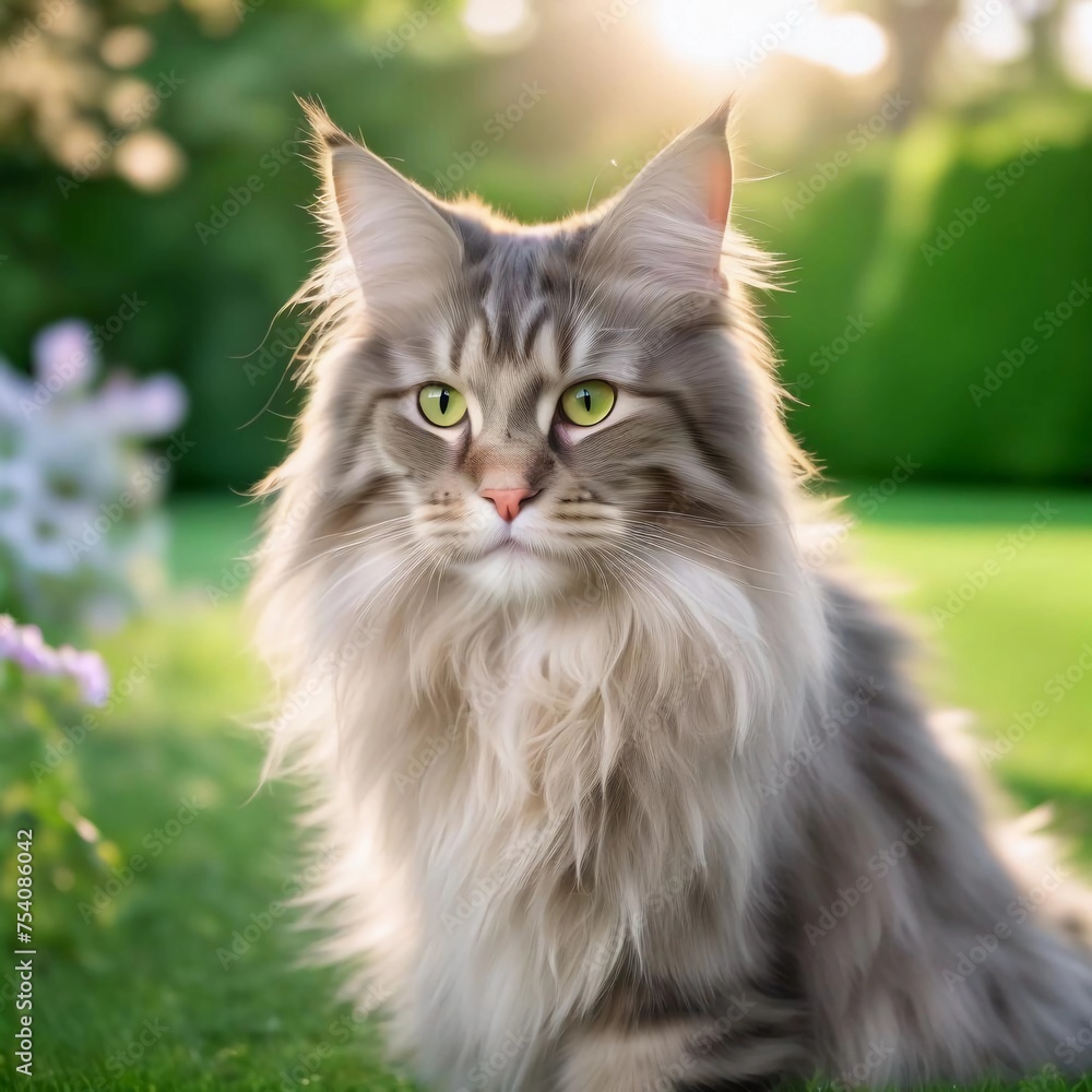 A Maine Coon with beautiful shiny fluffy fur, beautiful green eyes and pointed ears. Sitting in the garden on the lawn and looking away. Generative AI
