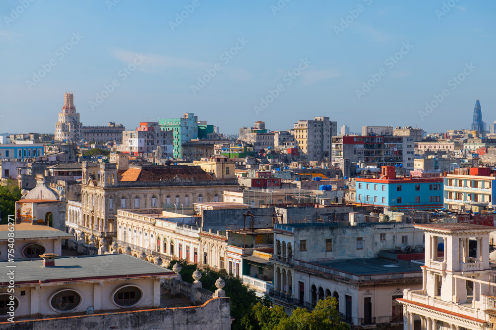 Central Havana (Centro Havana) aerial view with modern skyscrapers in Vedado at the background, Havana, Cuba. Old Havana is a World Heritage Site. 