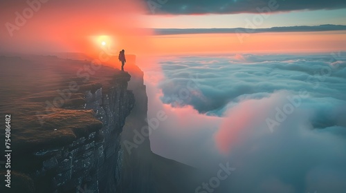 Trekker at Sunset Cliff Amidst Sea of Clouds - Awe-Inspiring Landscape